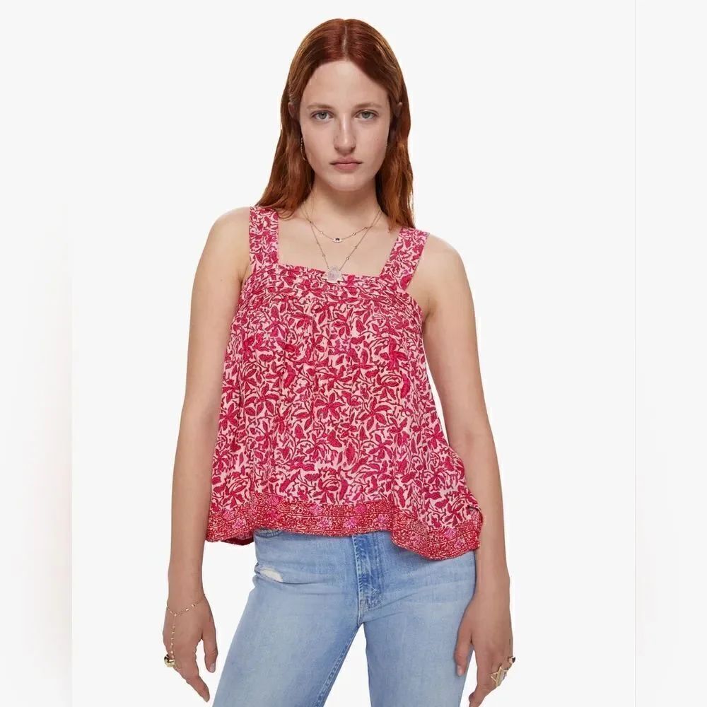 Natalie Martin Silk Floral Flamingo Top M Coastal Cottagecore Hippie Barbiecore